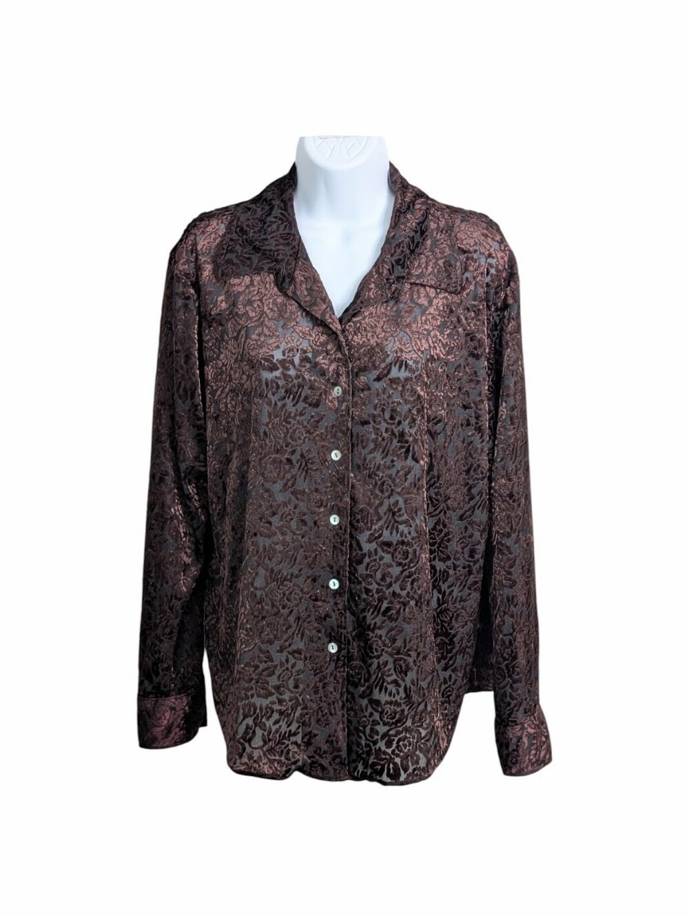 Bentley Vintage Brown Floral Velvet Burnout Button-Up Shirt Size XL Long Sleeve